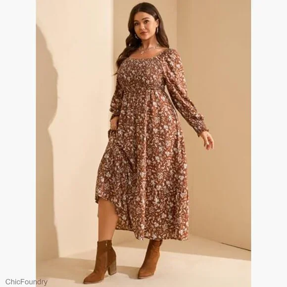 Plus Size Long Sleeve Maxi Dress Smocked Bodice Pockets Flowy A-Line - Picture 5 of 7